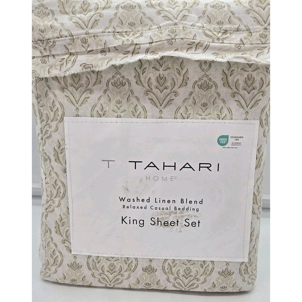 Tahari KING Washed Linen Blend Sheet 4pc Soft Gold White SHABBY CHIC NEW COTTAG